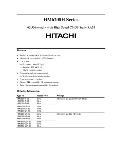 Hitachi HM6208H Series 65,536-word × 4-bit High Speed CMOS Static RAM Datasheet - cover page