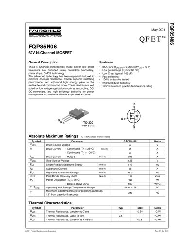 Fairchild FQP85N06 N-Channel MOSFET Datasheet - cover page