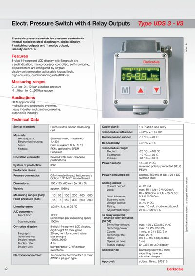 Barksdale UDS 3 - V3 Electronic Pressure Switch Datasheet - cover page