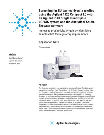 Screening for EU Banned Dyes in Textiles Using Agilent 1120/6140 Application Note - cover page