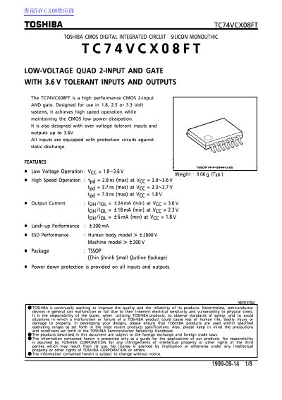Toshiba TC74VCX08FT Low-Voltage Quad 2-Input AND Gate Datasheet - cover page