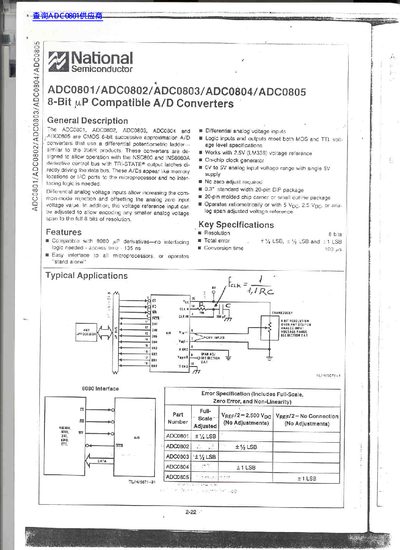 National semiconductor ADC0801/ADC0802/ADC0803/ADC0804/ADC0805 8-Bit P Compatible A/D Converters datasheet - cover page