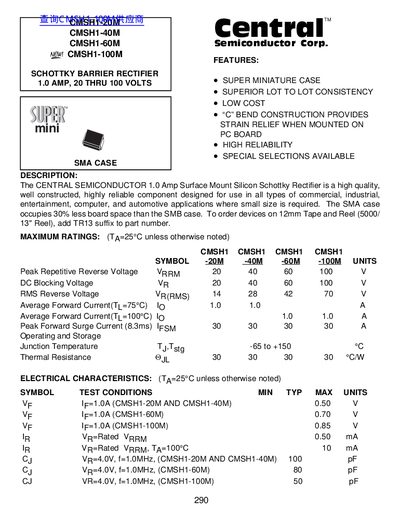 Central CMSH1-20M CMSH1-40M CMSH1-60M CMSH1-100M SCHOTTKY BARRIER RECTIFIER 1.0 AMP 20 THRU 100 VOLTS handbook