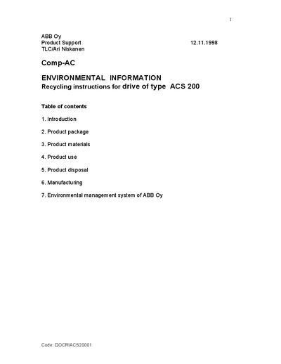 ABB ACS 200 Drive Recycling Instructions Environmental Information - cover page