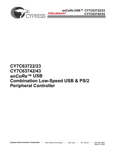 Cypress CY7C63722/23 CY7C63742/43 enCoRe USB Combination Low-Speed USB & PS/2 Peripheral Controller Datasheet - cover page