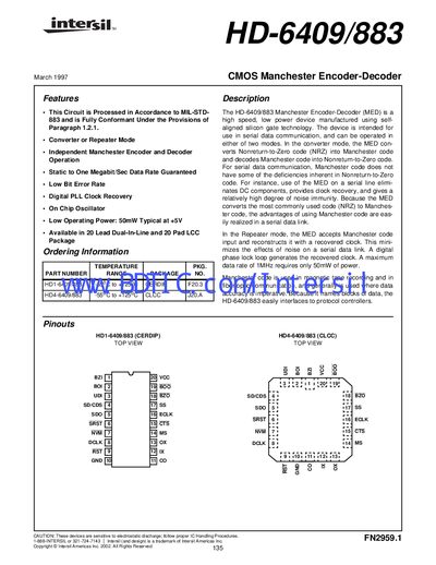 Intersil HD-6409/883 CMOS Manchester Encoder-Decoder Datasheet - cover page