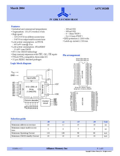 Alliance Memory AS7C1024B Datasheet - cover page