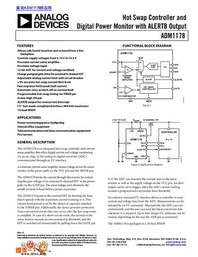 Analog Devices ADM1178 Hot Swap Controller and Digital Power Monitor Datasheet