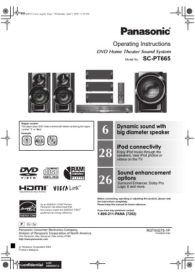 Panasonic SC-PT665 DVD Home Theater Sound System Operating Instructions - cover page