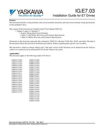 YASKAWA IG.E7.03 Installation Guide for E7 Drives handbook - cover page