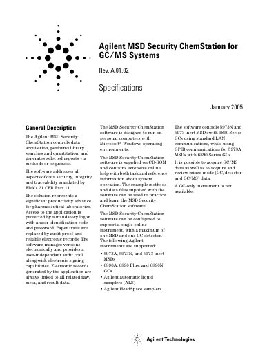 Agilent MSD Security ChemStation for GC/MS Systems User Manual Rev. A.01.02 - cover page