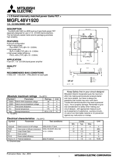 Mitsubishi Electric MGFL48V1920 GaAs Power FET Datasheet - cover page