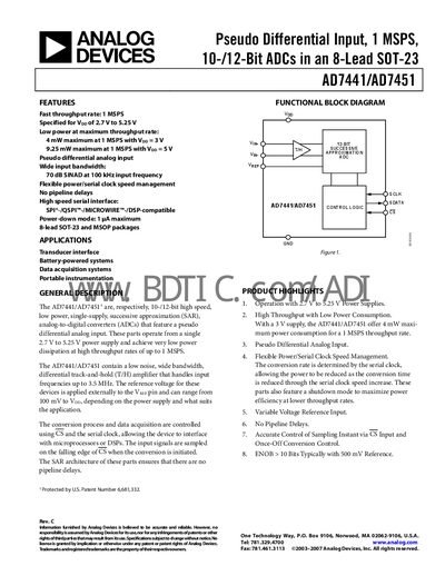 Analog Devices AD7441/AD7451 Datasheet - cover page