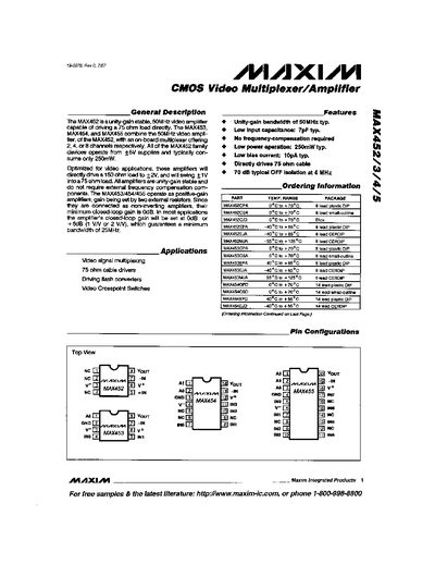 Maxim MAX452/3/4/5 CMOS Video Multiplexer/Amplifier Datasheet - cover page