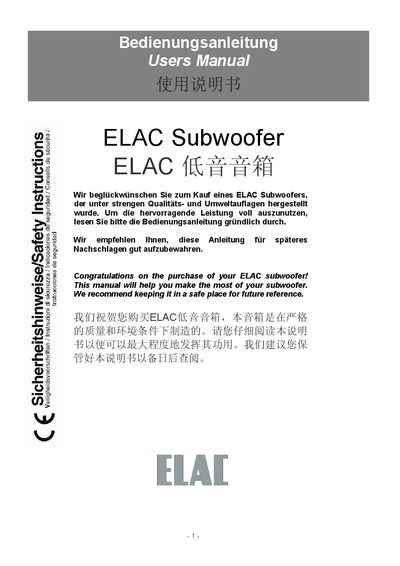 ELAC Subwoofer User Manual - cover page