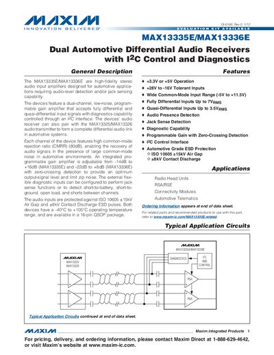Maxim MAX13335E/MAX13336E Dual Automotive Differential Audio Receivers Datasheet - cover page