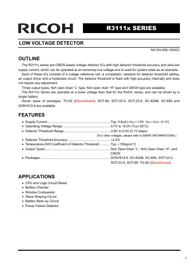Ricoh R3111x Series Low Voltage Detector Datasheet - cover page