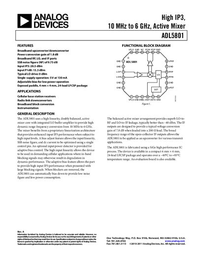 Analog Devices ADL5801 Active Mixer Datasheet - cover page