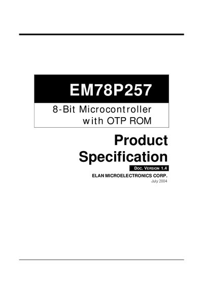 Elan EM78P257 8‑Bit Microcontroller OTP ROM Product Specification - cover page