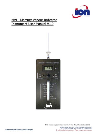 Ion Science MVI Mercury Vapour Indicator Instrument User Manual - cover page