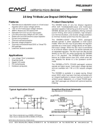 California Micro Devices CM3065 2.0A Tri-Mode Low Dropout Regulator Datasheet - cover page