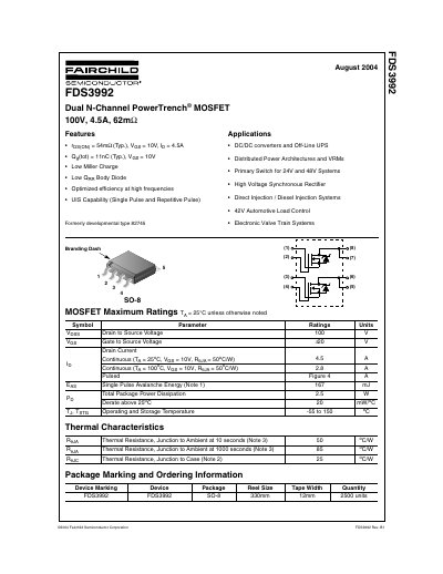 Fairchild Semiconductor FDS3992 Dual N-Channel MOSFET Datasheet - cover page