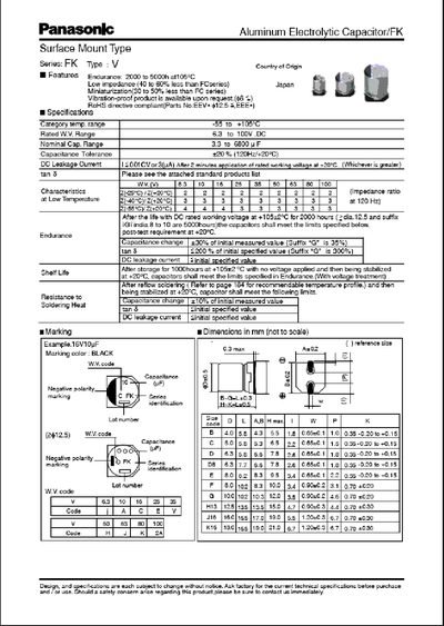 Panasonic FK Aluminum Electrolytic Capacitor Datasheet - cover page