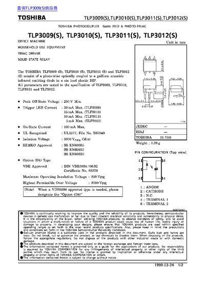 TOSHIBA TLP3012(s) TLP3009(s) TLP3010(s) TLP3011(s) Manual - cover page