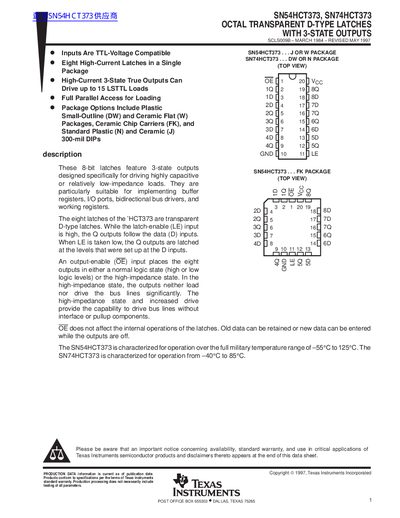 Texas Instruments SN54HCT373 & SN74HCT373 Octal Transparent D‑Type Latches 3‑State Outputs Datasheet - cover page