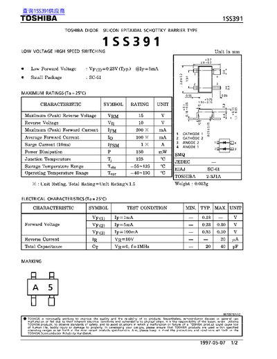 Toshiba 1SS391 Diode Datasheet - cover page