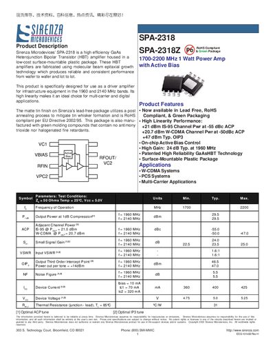 Sirenza SPA-2318 1700-2200 MHz 1 W Power Amplifier Datasheet - cover page