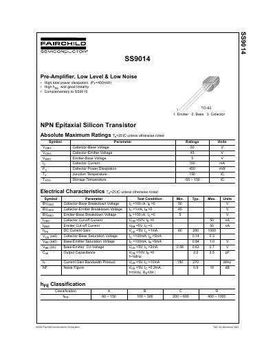 Fairchild SS9014 NPN Transistor Datasheet - cover page