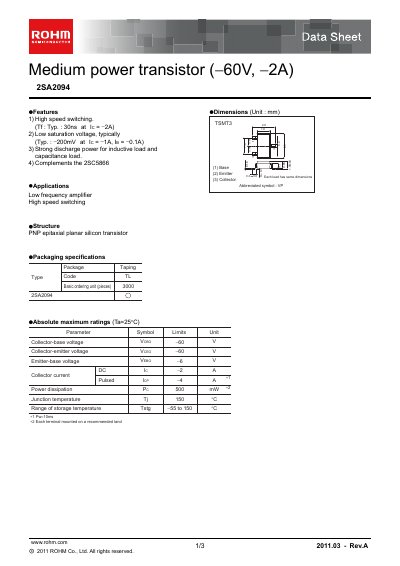 ROHM 2SA2094 PNP Power Transistor Datasheet - cover page