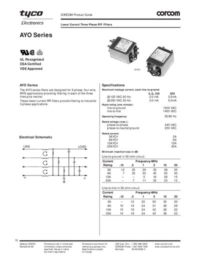 Tyco Electronics AYO Series Three Phase RFI Filter Datasheet - cover page