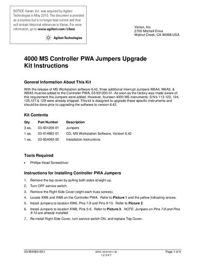 Agilent Technologies 4000 MS Controller PWA Jumpers Upgrade Kit Instructions - cover page