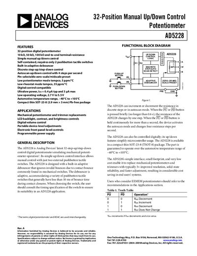 Analog Devices AD5228 Digital Potentiometer Datasheet - cover page