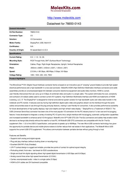 Molex 76650-0143 General Information Kit Datasheet - cover page