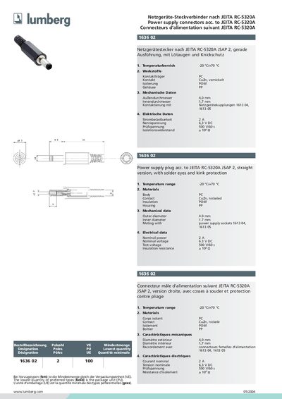 Lumberg 1636 02 Power Supply Plug Product Leaflet - cover page