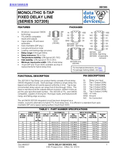 Data Delay Devices 3D7205 Series Monolithic 5-Tap Fixed Delay Line Datasheet - cover page
