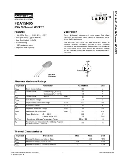 Fairchild FDA15N65 N-Channel MOSFET Datasheet - cover page