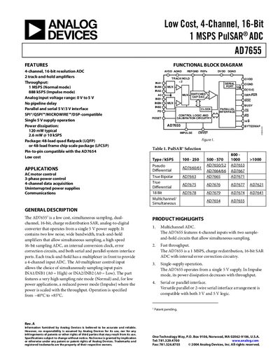 Analog Devices AD7655 4‑Channel 16‑Bit 1 MSPS PulSAR ADC Datasheet