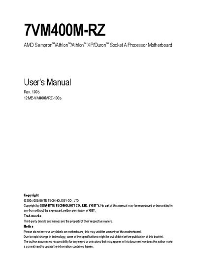 Gigabyte 7VM400M-RZ Motherboard User Manual - cover page