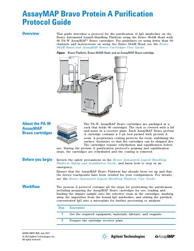 Agilent AssayMAP Bravo Protein A Purification Protocol Guide - cover page