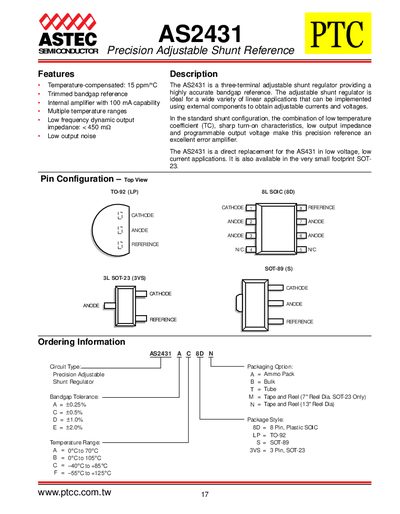 ASTEC AS2431 Precision Adjustable Shunt Reference Datasheet - cover page