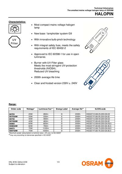 OSRAM HALOPIN Technical Information Sheet - cover page