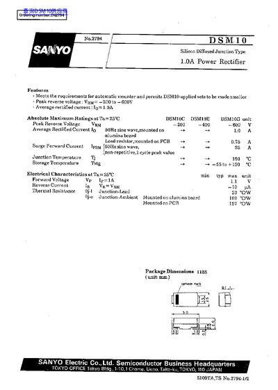 SANYO DSM10 Power Rectifier Datasheet - cover page