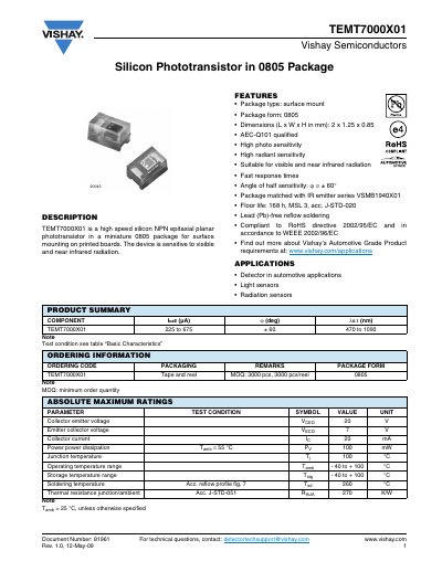 VISHAY TEMT7000X01 Vishay Semiconductors Silicon Phototransistor in 0805 Package handbook - cover page