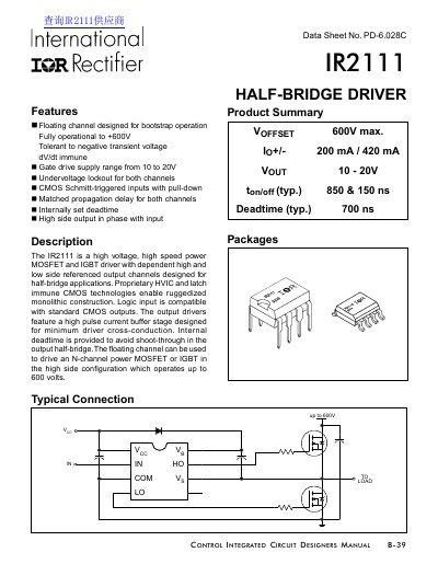 International Rectifier IR2111 Half-Bridge Driver Datasheet - cover page