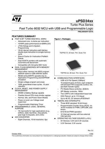 ST uPSD34xx Turbo Plus Series Fast Turbo 8032 MCU with USB Programmable Logic handbook - cover page
