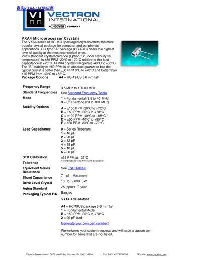 Vectron VXA4 Microprocessor Crystals Data Sheet - cover page